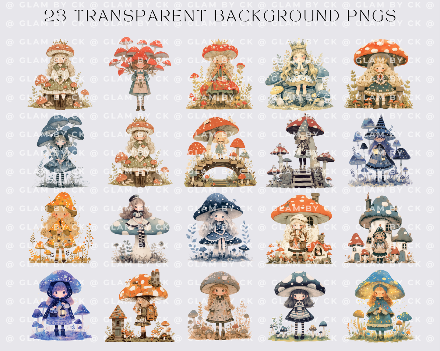 Watercolor Mushroom wanderers Clipart Bundle, PNG, Magic Mystical Mushrooms Clipart, Mystical Mushrooms Clipart, Woodland Clipart