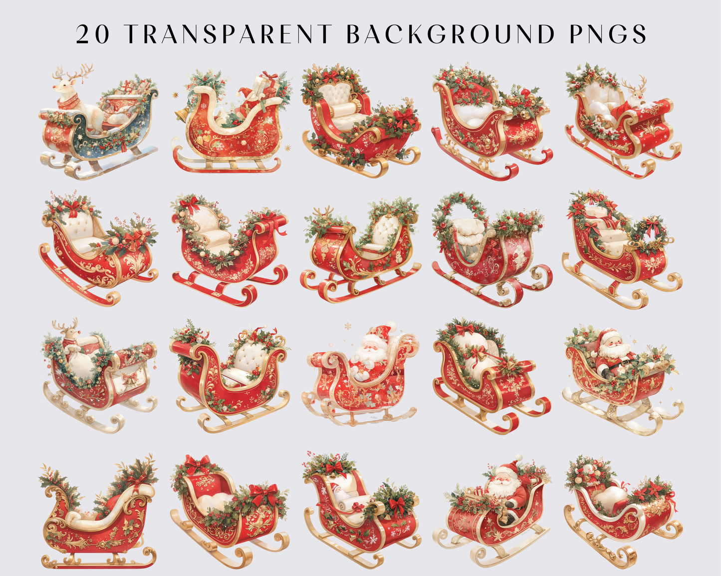 Christmas Sleigh Clipart PNG, Whimsical Santa, Watercolor Christmas Sleigh, Clipart PNG bundle, Winter Clipart Bundle, 20 PNGs, Paper Craft