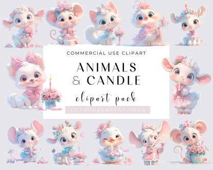 20 Animals and Candles Clipart Collection, Quirky Animal, Whimsical animal Clipart PNG, Watercolor, Commercial Use, Scrapbooking, Card Making