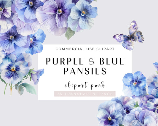 25 Purple and Blue Pansies Watercolor Clipart - Flowers Clipart - Violet Watercolor - Spring Clipart - Transparent - Butterfly - Bouquets