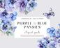 25 Purple and Blue Pansies Watercolor Clipart - Flowers Clipart - Violet Watercolor - Spring Clipart - Transparent - Butterfly - Bouquets