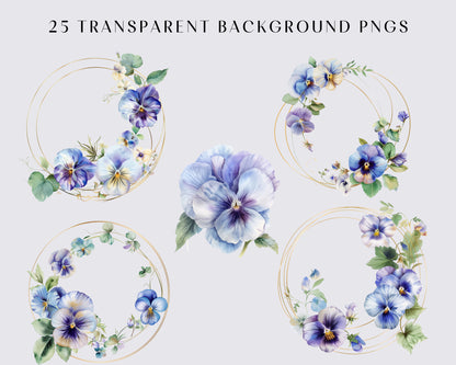 25 Purple and Blue Pansies Watercolor Clipart - Flowers Clipart - Violet Watercolor - Spring Clipart - Transparent - Butterfly - Bouquets