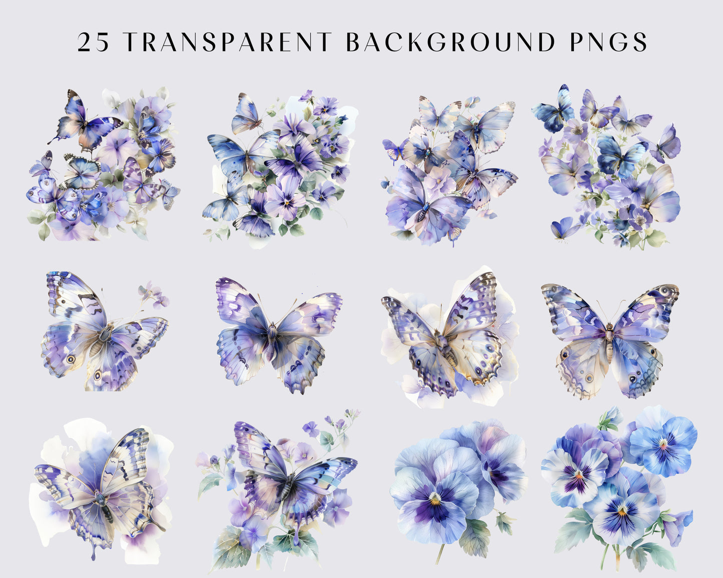 25 Purple and Blue Pansies Watercolor Clipart - Flowers Clipart - Violet Watercolor - Spring Clipart - Transparent - Butterfly - Bouquets