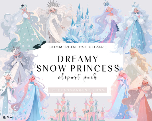 15 Cute Snow Princess Clipart - PNG With Transparent Background - High Resolution - Adorable Snow Princess Digital Stickers