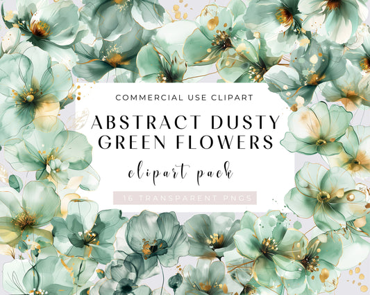 16 Abstract Dusty Green Flowers Clipart, Floral Print, Printable Watercolor Clipart, High Quality PNGs, Digital download, Transparent