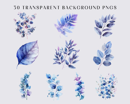 30 Abstract Blue and Purpil Leaves Clipart, Printable Watercolor Clipart, High Quality PNGs, Digital download, Paper craft, Transparent