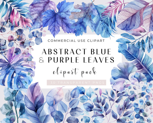 30 Abstract Blue and Purpil Leaves Clipart, Printable Watercolor Clipart, High Quality PNGs, Digital download, Paper craft, Transparent