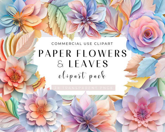 Watercolor Paper Flowers & Leaves Clipart Bundle, Summer Clipart, High resolution PNGs, Digital download, Florals, Transparent