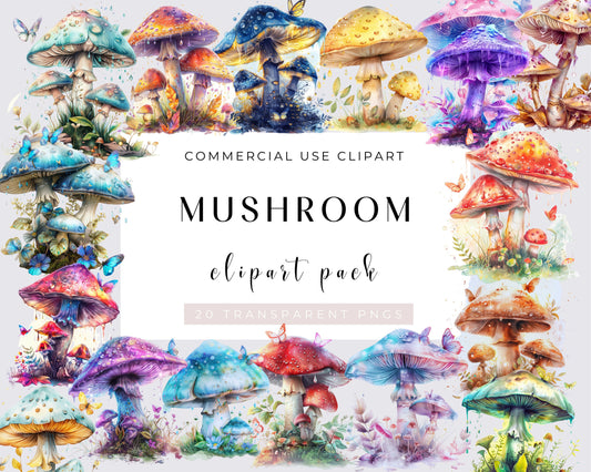 20 Watercolor Magic Mushrooms Clipart Bundle, PNG, Magic Mystical Mushrooms Clipart, Mystical Mushrooms Clipart, Woodland Clipart