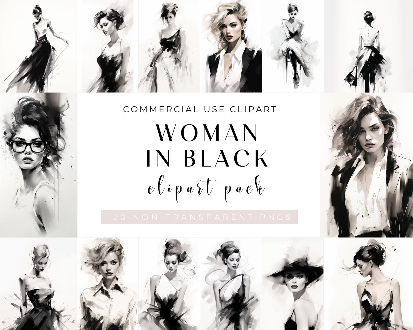 Glam Girl in Black, Hand drawn | Clipart | Elegant | Black and White | PNG | Digital Download