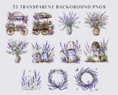 Watercolor Lavender Garden Clipart | Provence floral spring, Romance, 35 PNGs, Instant download, Transparent Background, Commercial use