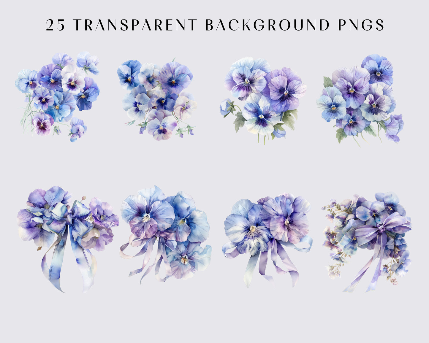 25 Purple and Blue Pansies Watercolor Clipart - Flowers Clipart - Violet Watercolor - Spring Clipart - Transparent - Butterfly - Bouquets