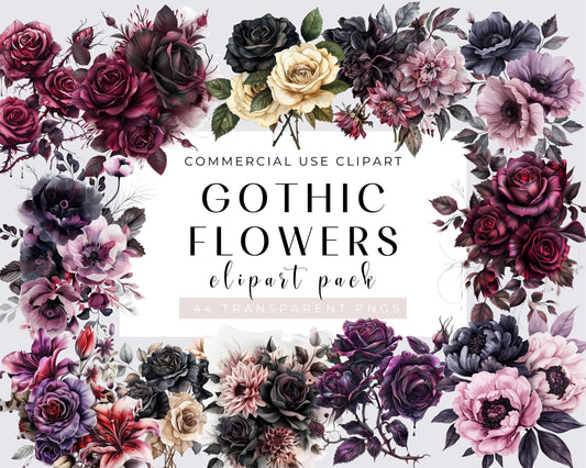 44 PNGs Watercolor Gothic Floral Clipart, Magical Gothic Flowers Clip Art, Dark Fairytale Fantasy PNG Digital Image Downloads, Transparent