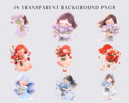 18 Flower Girl Clipart, Digital Download, PNG Files, Girls, Junk Journal, Scrapbooking, Card Making, Planner Graphics, Floral, Transparent