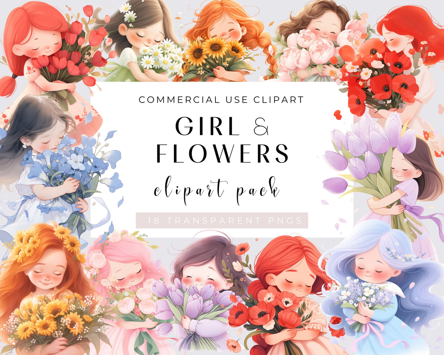 18 Flower Girl Clipart, Digital Download, PNG Files, Girls, Junk Journal, Scrapbooking, Card Making, Planner Graphics, Floral, Transparent