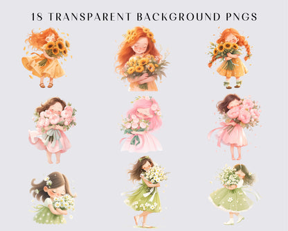 18 Flower Girl Clipart, Digital Download, PNG Files, Girls, Junk Journal, Scrapbooking, Card Making, Planner Graphics, Floral, Transparent