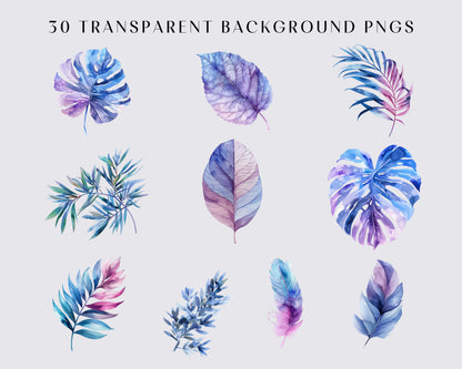 30 Abstract Blue and Purpil Leaves Clipart, Printable Watercolor Clipart, High Quality PNGs, Digital download, Paper craft, Transparent