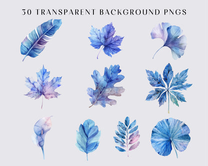 30 Abstract Blue and Purpil Leaves Clipart, Printable Watercolor Clipart, High Quality PNGs, Digital download, Paper craft, Transparent