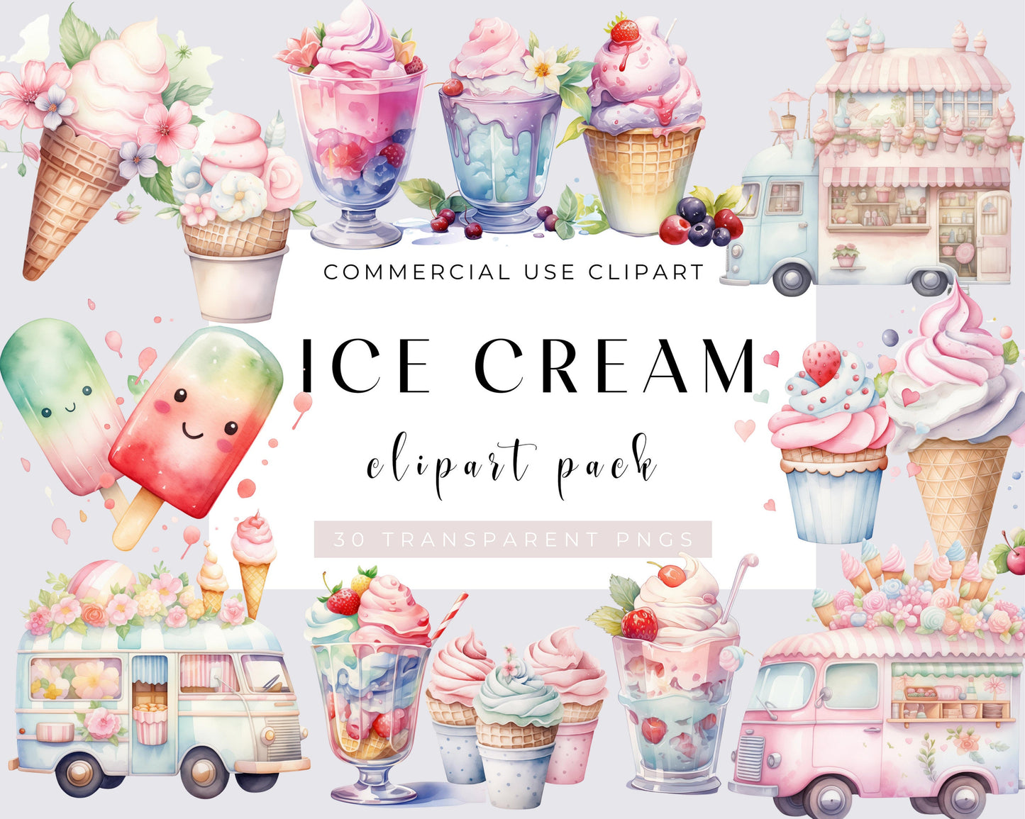 Ice Cream Clipart, 30 PNGs, Summer Pastel Clipart, Colorful, Pink, Party, Bundle, Instant download, High resolution, Watercolor