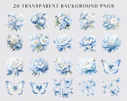 Watercolor Soft blue flower (Floral Clipart, Blue Flowers Clipart, Watercolor Flower, Ivory Bouquets, Wedding Flowers, Spring Summer Fall)