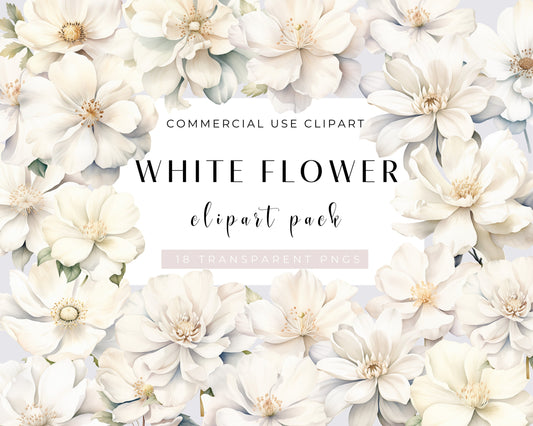 WHITE FLOWERS - 18 Cliparts (high resolution, commercial use, floral, nature, wedding flower, png, watercolor, bundle)