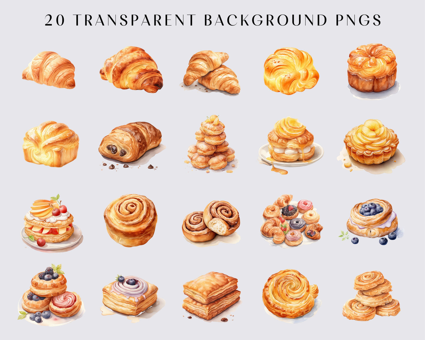 French Pastries Watercolor Clipart Bundle - 20 PNG Gourmet Pastry Images, Delicate Dessert Graphics, Instant Download, Commercial Use