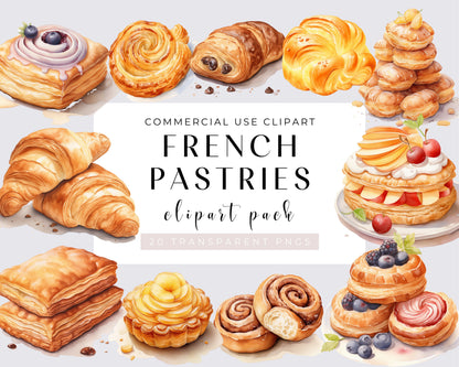 French Pastries Watercolor Clipart Bundle - 20 PNG Gourmet Pastry Images, Delicate Dessert Graphics, Instant Download, Commercial Use