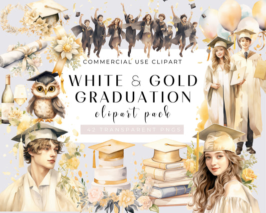 Watercolor Graduation Clipart Bundle, Gold & White, 42 PNG Graduation Clipart, Graduation Caps Clipart, Diploma, Transparent Background