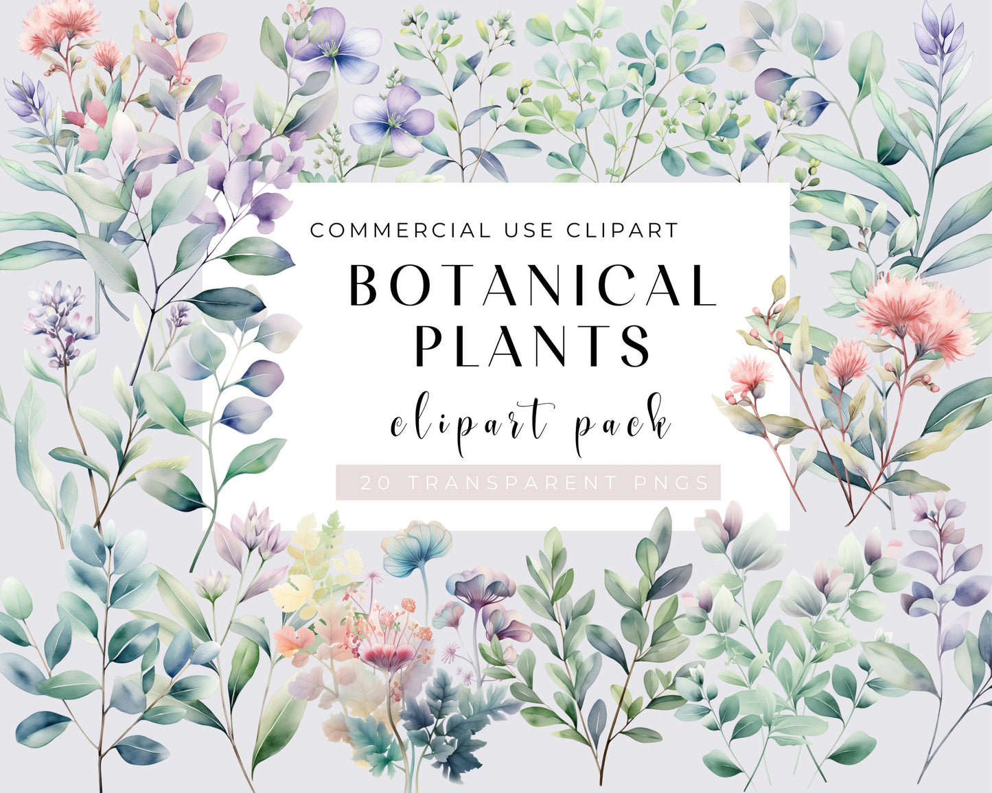 Watercolor Botanical Clipart, Greenery Bundle, Folliage, Wedding invitation, Leaves, 20 PNGs, High resolution, Transparent background