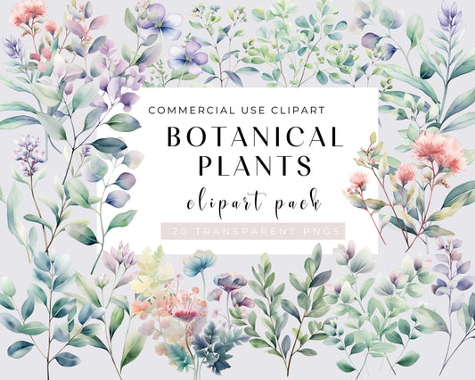 Watercolor Botanical Clipart, Greenery Bundle, Folliage, Wedding invitation, Leaves, 20 PNGs, High resolution, Transparent background