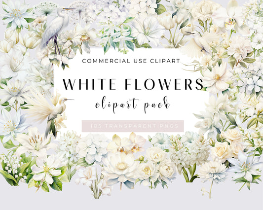 Floral Clipart, White Flowers Clip Art, Cream Watercolor Flower PNG, Ivory Bouquets, Wedding Flowers, Spring Summer Fall Graphics