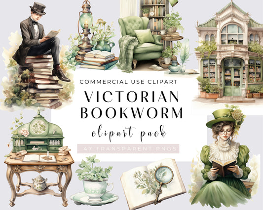 Victorian Bookworms Watercolor Clipart Bundle - 47 Enchanting Book Illustrations, Storybook, PNG, Instant Download, Commercial Use