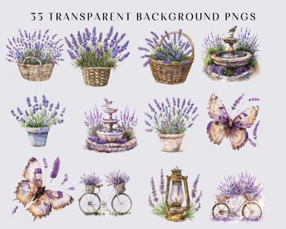 Watercolor Lavender Garden Clipart | Provence floral spring, Romance, 35 PNGs, Instant download, Transparent Background, Commercial use