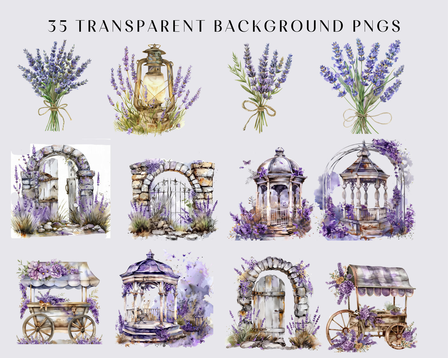 Watercolor Lavender Garden Clipart | Provence floral spring, Romance, 35 PNGs, Instant download, Transparent Background, Commercial use