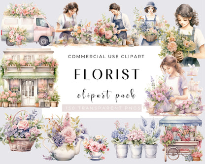 Watercolor Floral Clipart, Florist, 150 PNGs, Wedding Flowers, Spring Summer Fall, Carts, Storefronts, Girls, Transparent, Commercial use