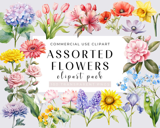 Watercolor Assorted Flowers 100 PNG, Watercolor Floral Clipart Bouquets, Digital clipart PNG Elements, Commercial Use