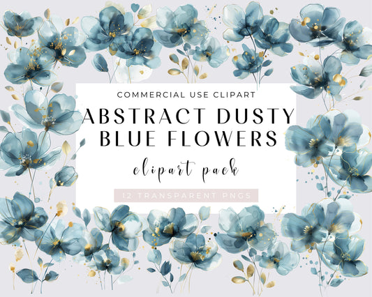 12 Abstract Dusty Blue Flowers Clipart, Floral Print, Printable Watercolor Clipart, High Quality PNGs, Digital download, Transparent