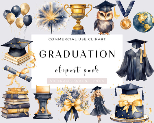 Watercolor Graduation Element Clipart Bundle, 50 PNG Graduation Clipart, Blue Gold, Graduation Caps Clipart, Diploma Clipart, Transparent