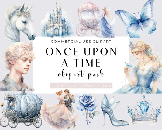 Cute Princess Clipart Bundle, Watercolor Princess PNG, Blue Princess Clipart, Princess Clipart, Once upon a time, Fairytale Clipart