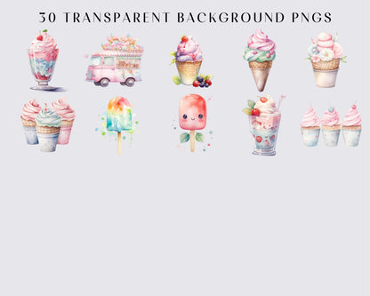 Ice Cream Clipart, 30 PNGs, Summer Pastel Clipart, Colorful, Pink, Party, Bundle, Instant download, High resolution, Watercolor