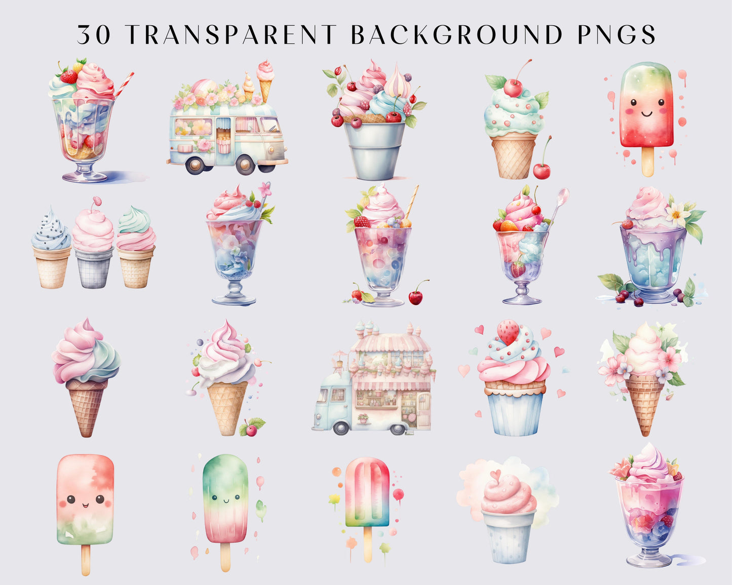 Ice Cream Clipart, 30 PNGs, Summer Pastel Clipart, Colorful, Pink, Party, Bundle, Instant download, High resolution, Watercolor