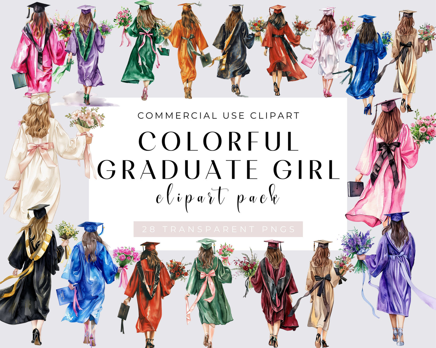 Watercolor Graduation Girl Clipart Bundle, 28 PNGs, Colorful Graduation Clipart, Blue, Green, navy, Transparent, Commercial Use