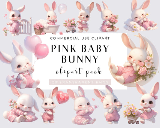 Watercolor Pink Baby Bunny Clipart Bundle, Baby Girl, 28 Transparent PNG, Bunnies, Nursery, Baby Shower, Printable, Scrapbooking, Crafts