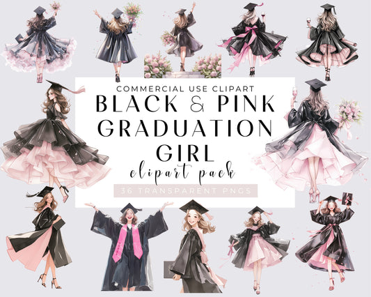 Watercolor Graduation Clipart Bundle, Black and Pink Graduation Girl, PNG, Graduation Caps Clipart, Transparent