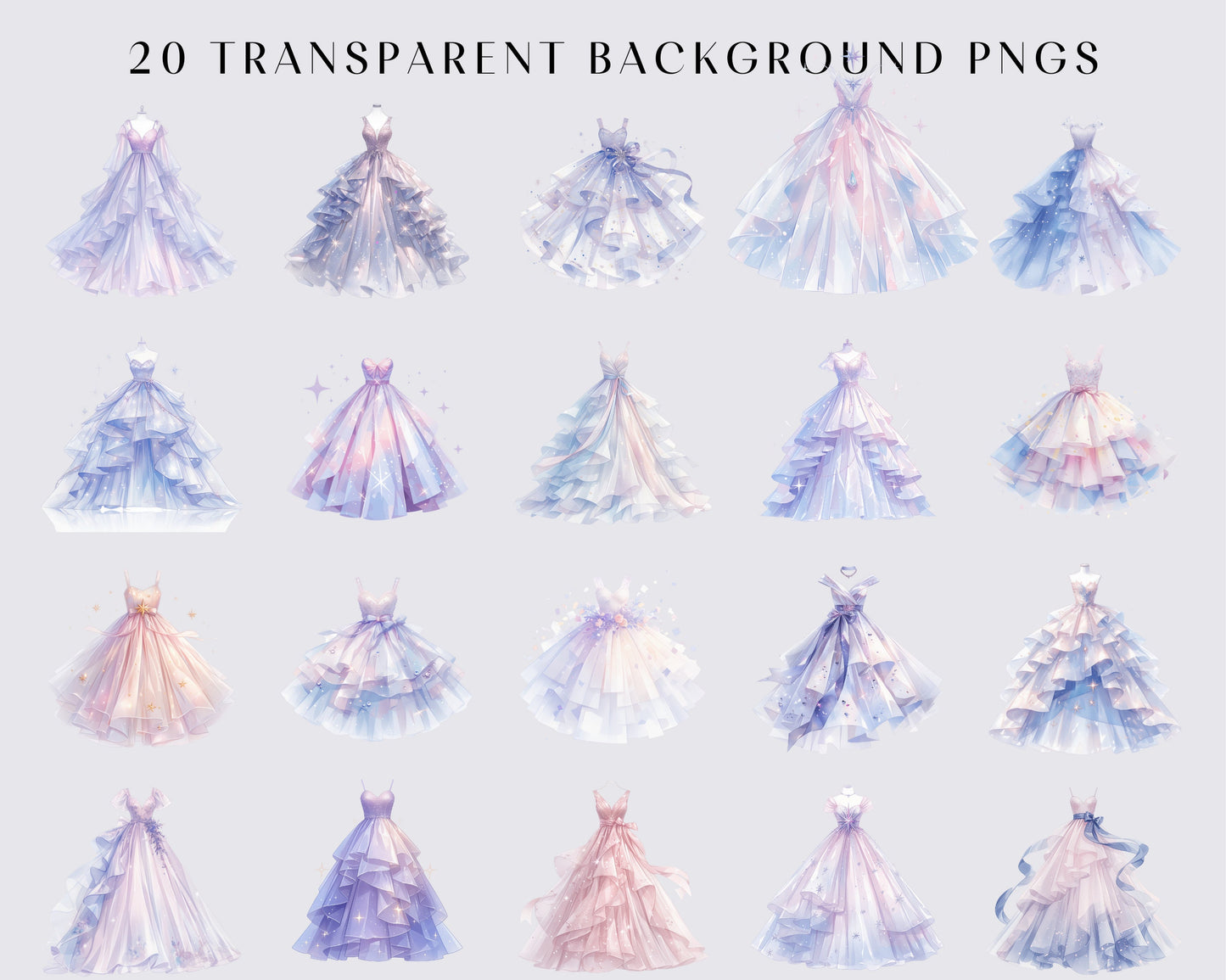 Beautiful Prom Dresses Clipart, Watercolor, Pastel, Ballet Dancing Dresses Illustrations, 20 PNG Images, PNG, Bundle, Fashion, Scrapbooking