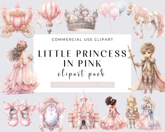 Cute Princess Clipart Bundle, Watercolor Princess PNG, Pink Princess Clipart, Princess Clipart, Once upon a time, Fairytale Clipart