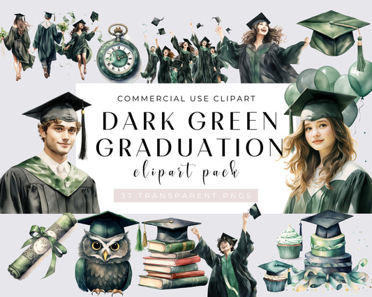 Watercolor Graduation Clipart Bundle, 37 PNG Graduation Clipart, Dark green, Graduation Caps Clipart, Diploma Clipart, Transparent