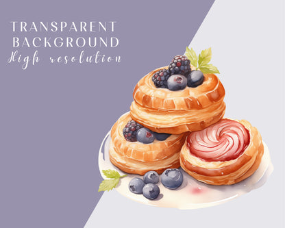 French Pastries Watercolor Clipart Bundle - 20 PNG Gourmet Pastry Images, Delicate Dessert Graphics, Instant Download, Commercial Use