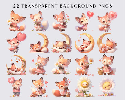 Watercolor Cute Baby Fox Clipart Bundle, Baby, 22 Transparent PNG, Nursery, Baby Shower, Printable, Scrapbooking, Crafts, Commercial use