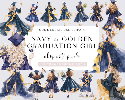 Watercolor Girl Graduation Clipart Bundle, 18 PNG Graduation Clipart, Navy Golden, Graduation Caps Clipart, Commercial use, Transparent